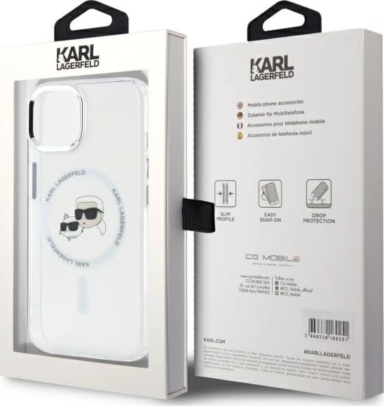 Mbështjellës Karl Lagerfeld IML Metal Karl&Choupette Head MagSafe për iPhone 14, Bardhë