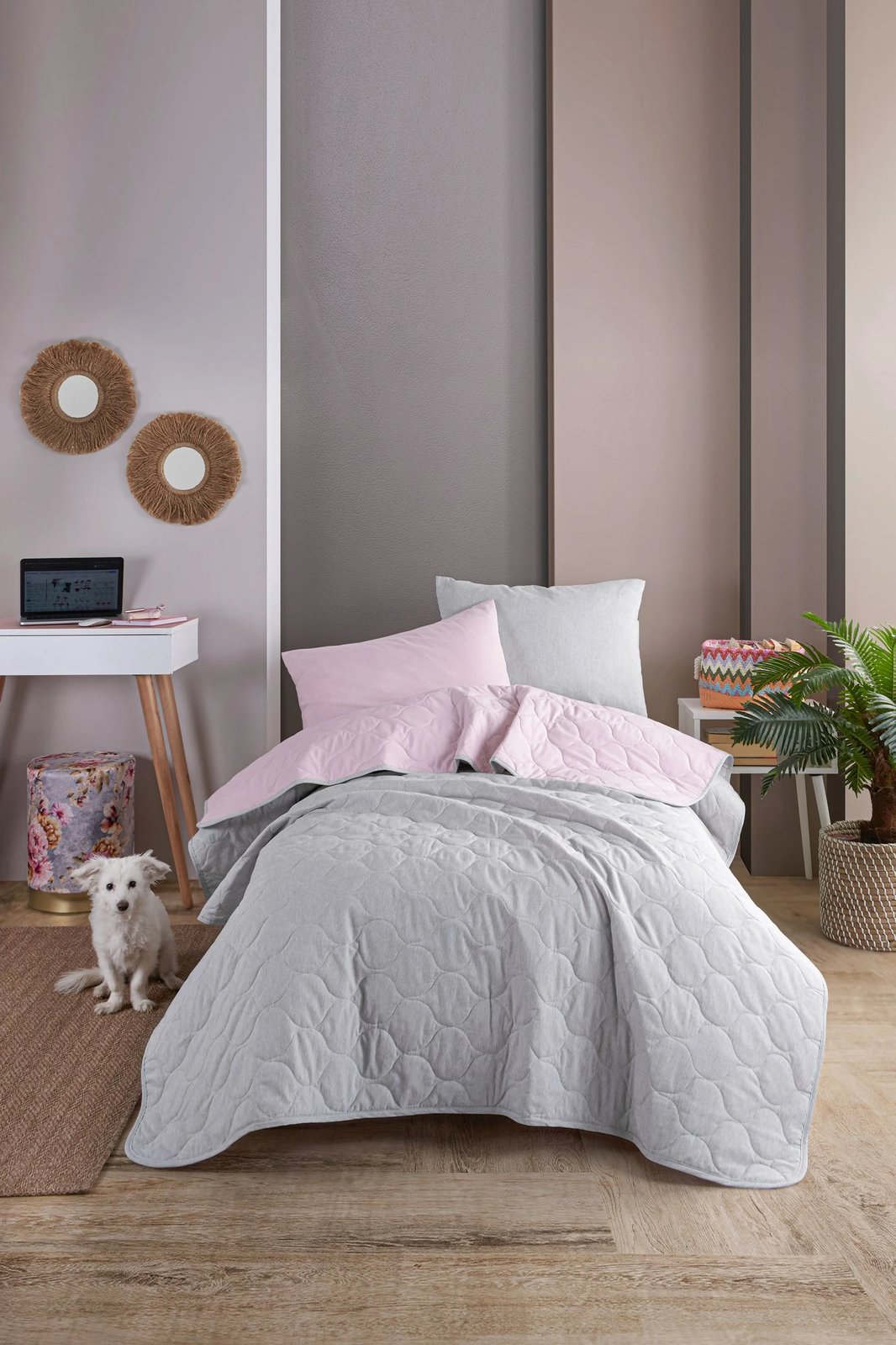 Set mbulesë krevati teke, ngjyrë pluhur dhe gri, L'essentiel