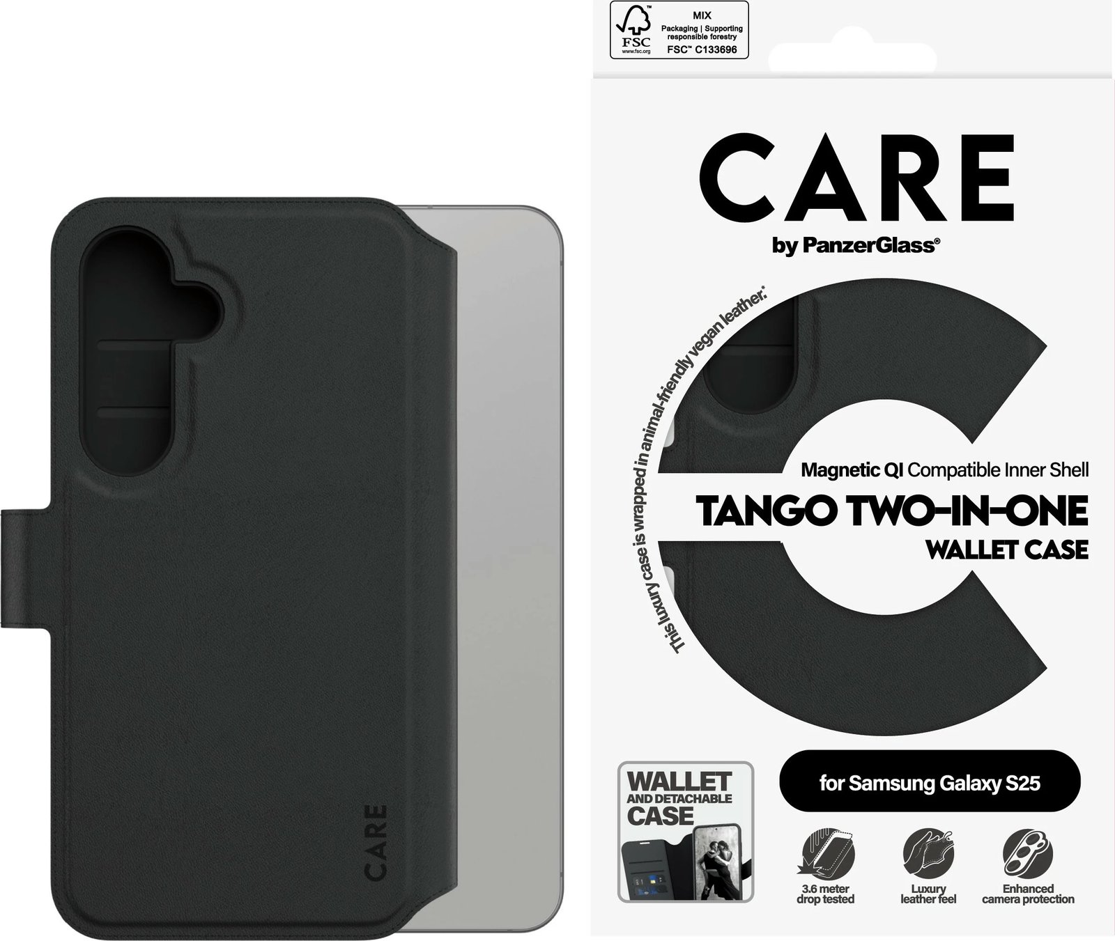 Mbështjellës PanzerGlass CARE Feature Case Tango 2-in-1, për Samsung Galaxy S25, i zi