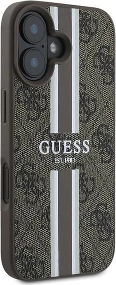 Mbështjellës Guess 4G Printed Stripes MagSafe për iPhone 16 Plus, Kafe