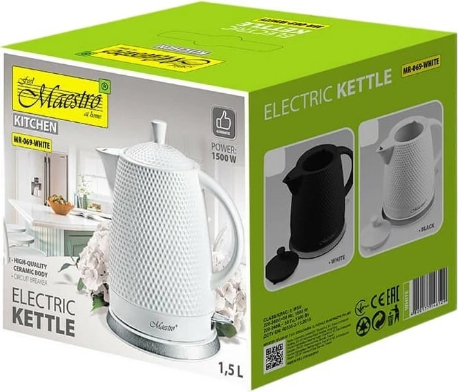 Çajnik elektrik Feel-Maestro MR-069, 1.5L, 1500W, qeramikë, i bardhë