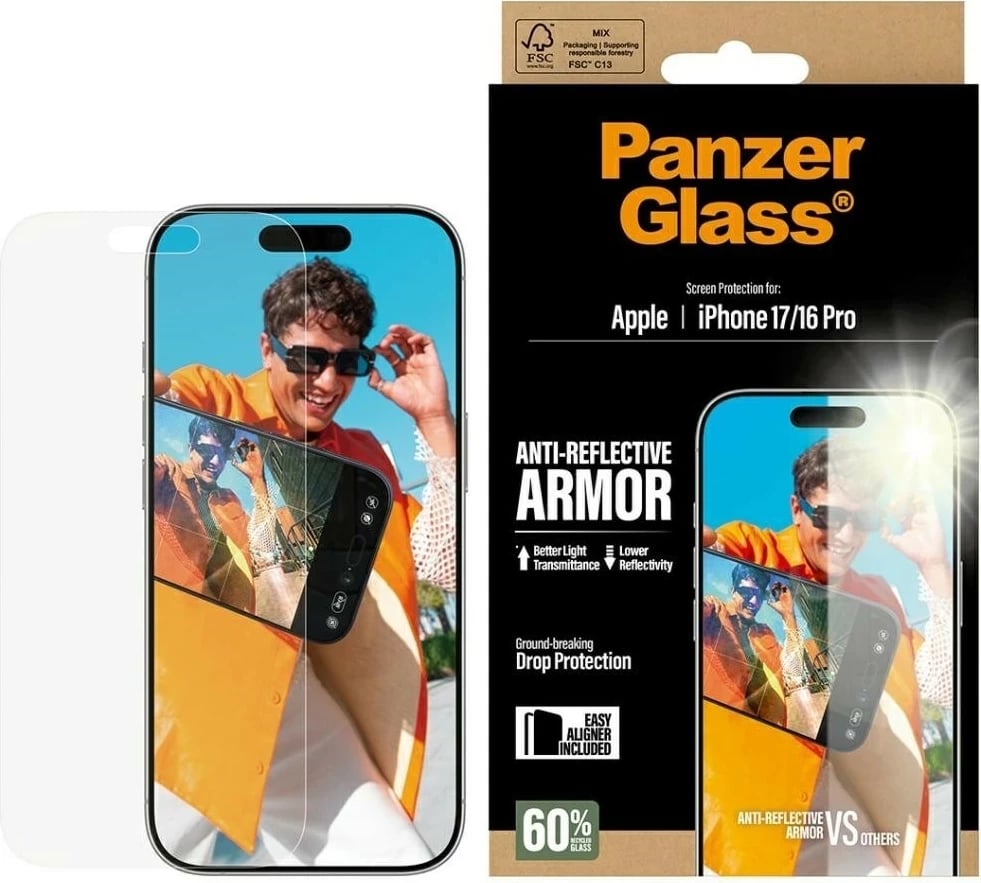 Xham mbrojtës PanzerGlass Armor Anti-Reflective EasyAligner për iPhone 16 Pro/17, transparent