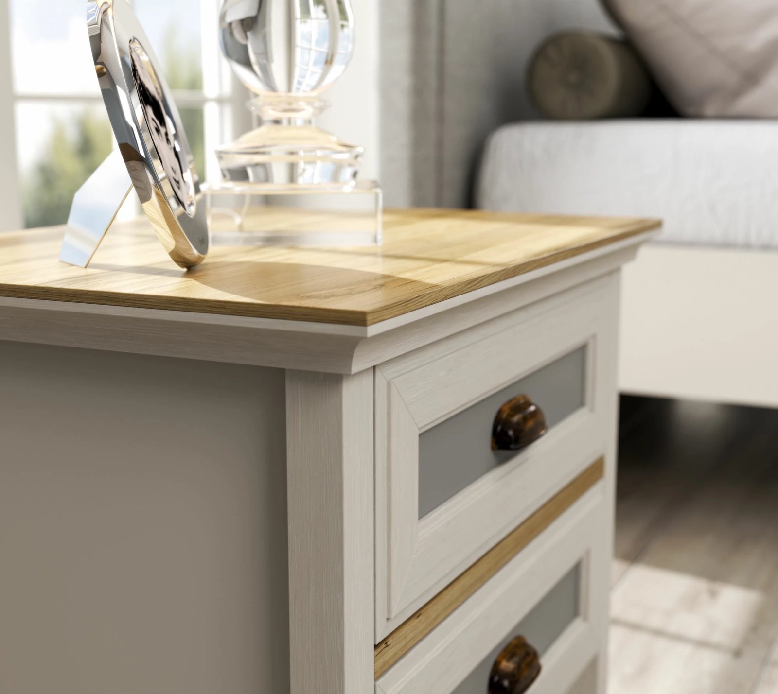 Komodinë anës krevati Skye Decor, krem, lis, gri, FRN-21016