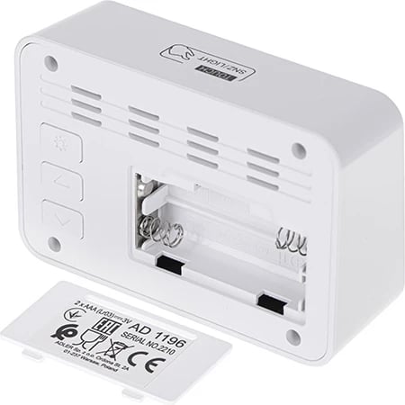 Alarm me bateri, Adler AD 1196, ekran LCD me ndriçim, 3 alarme, shfaqje temperaturë e lagështi, i bardhë