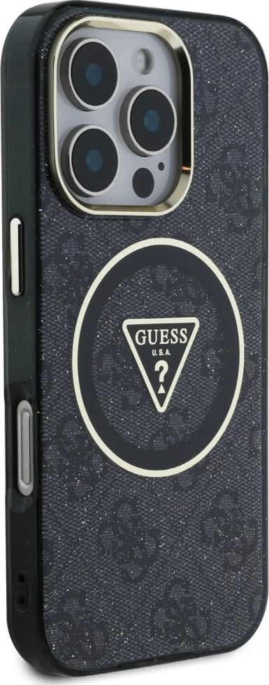 Mbështjellës Guess IML Metal Glitter 4G Circle Triangle MagSafe për iPhone 16 Pro, Zi Mbështjellës Guess IML Metal Glitter 4G Circle Triangle MagSafe për iPhone 16 Pro, Zi