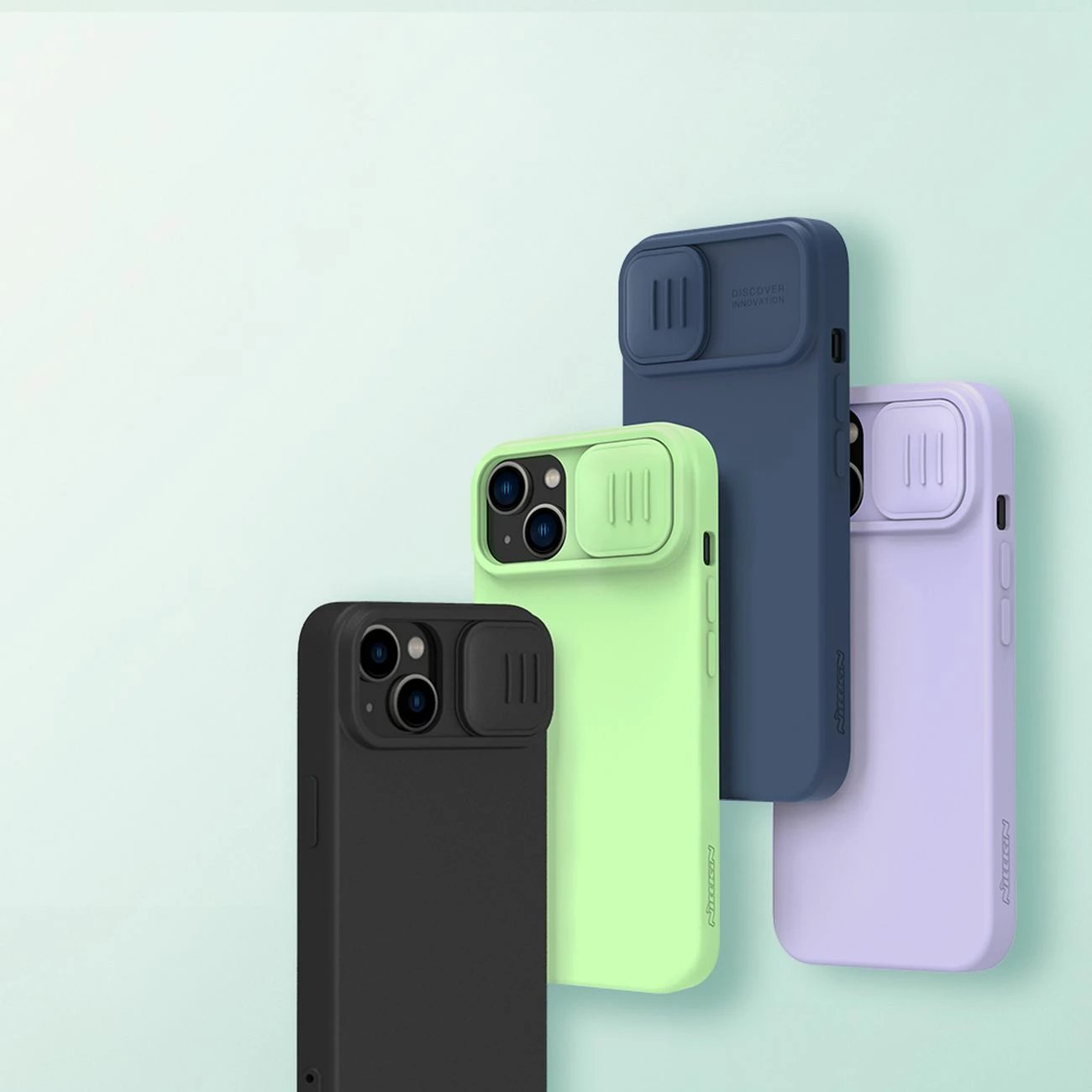 Mbështjellës Nillkin CamShield Silky Silicone për iPhone 14, me kapak kamere, kaltër