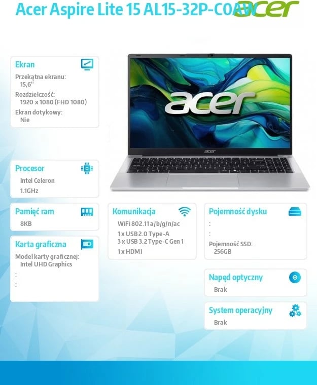 Laptop Acer Aspire Lite 15 AL15-32P-C0AW, 15.6", Intel Celeron N4500, 8GB RAM, 256GB SSD, Gri