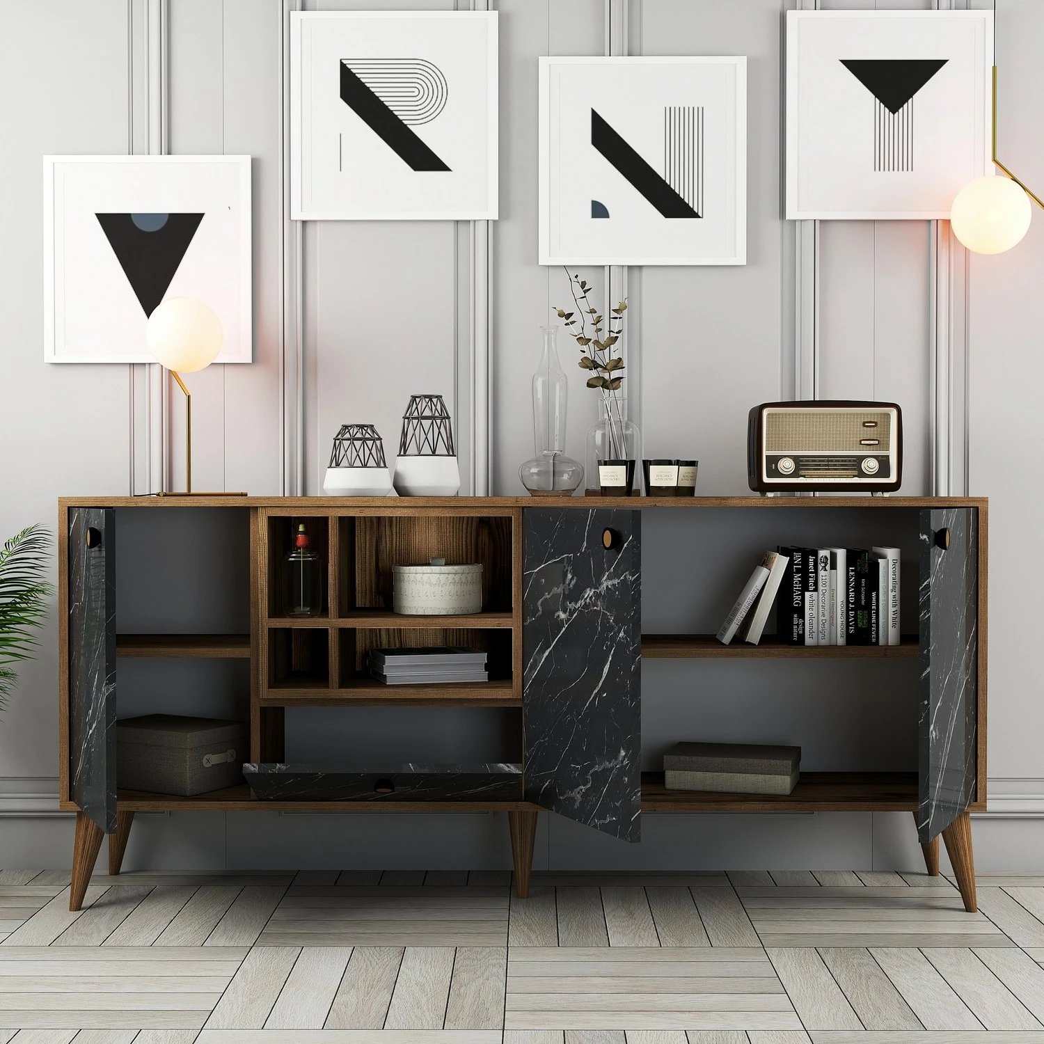 Konsol Napoli, ngjyrë mermeri të zi, dru arre