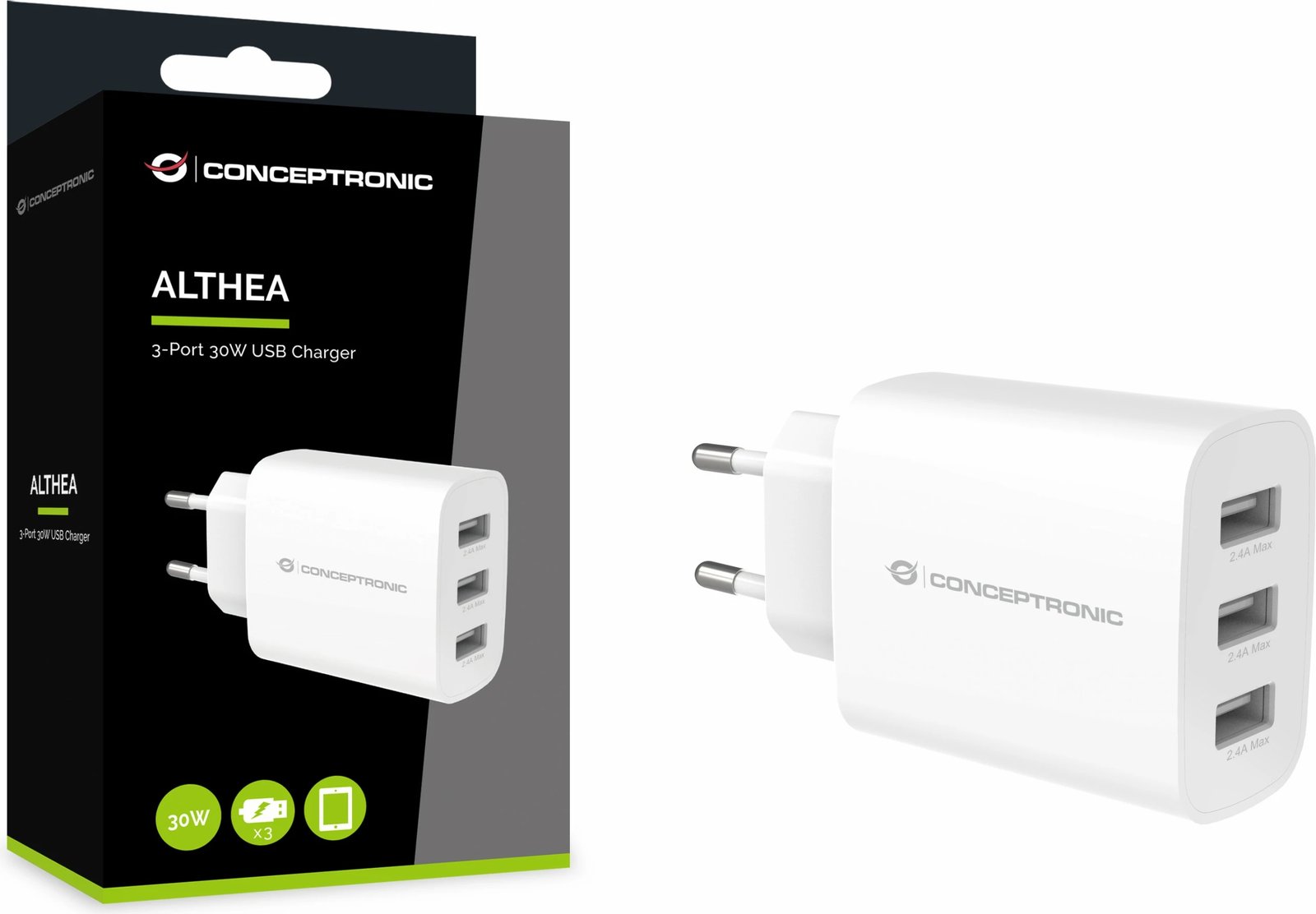 Karikues Conceptronic 3 porta USB-A 30W i bardhë