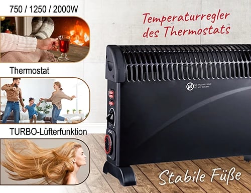 Ngrohës konvektor, Adler, MS 7741, 2000W, 3 nivele, termostat dhe timer 24h, Turbo fan, i zi