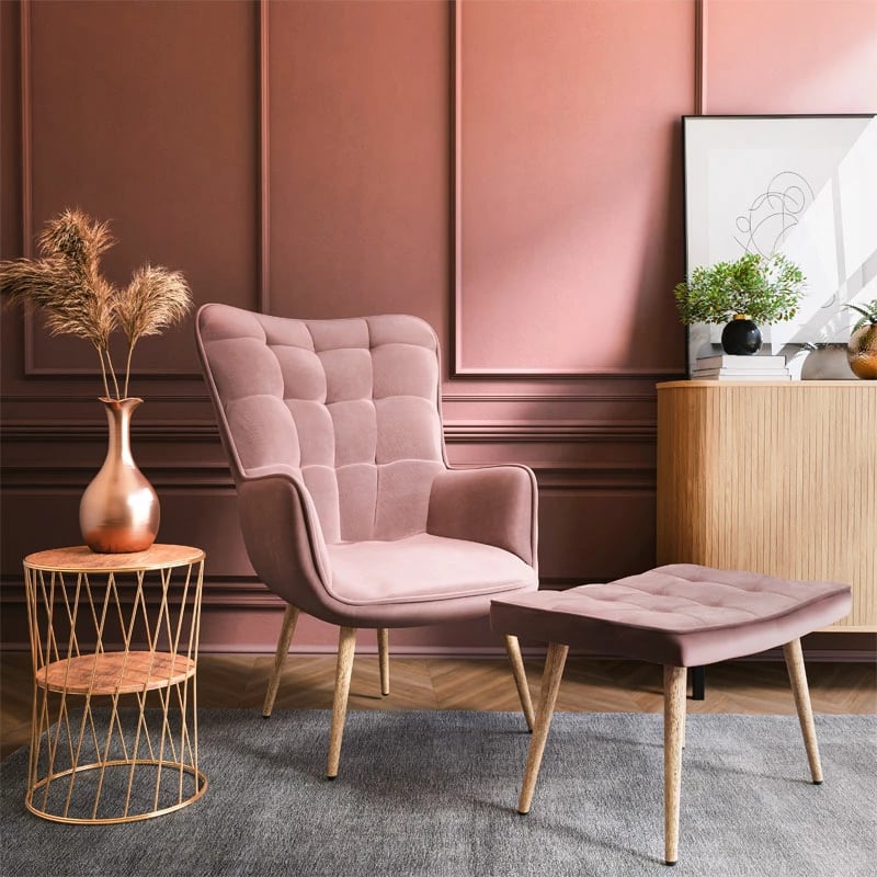 Fotelja Maddison me tabure-këmbë, kadife, ngjyrë molle të kalbur-natyrale, 68x72x98cm