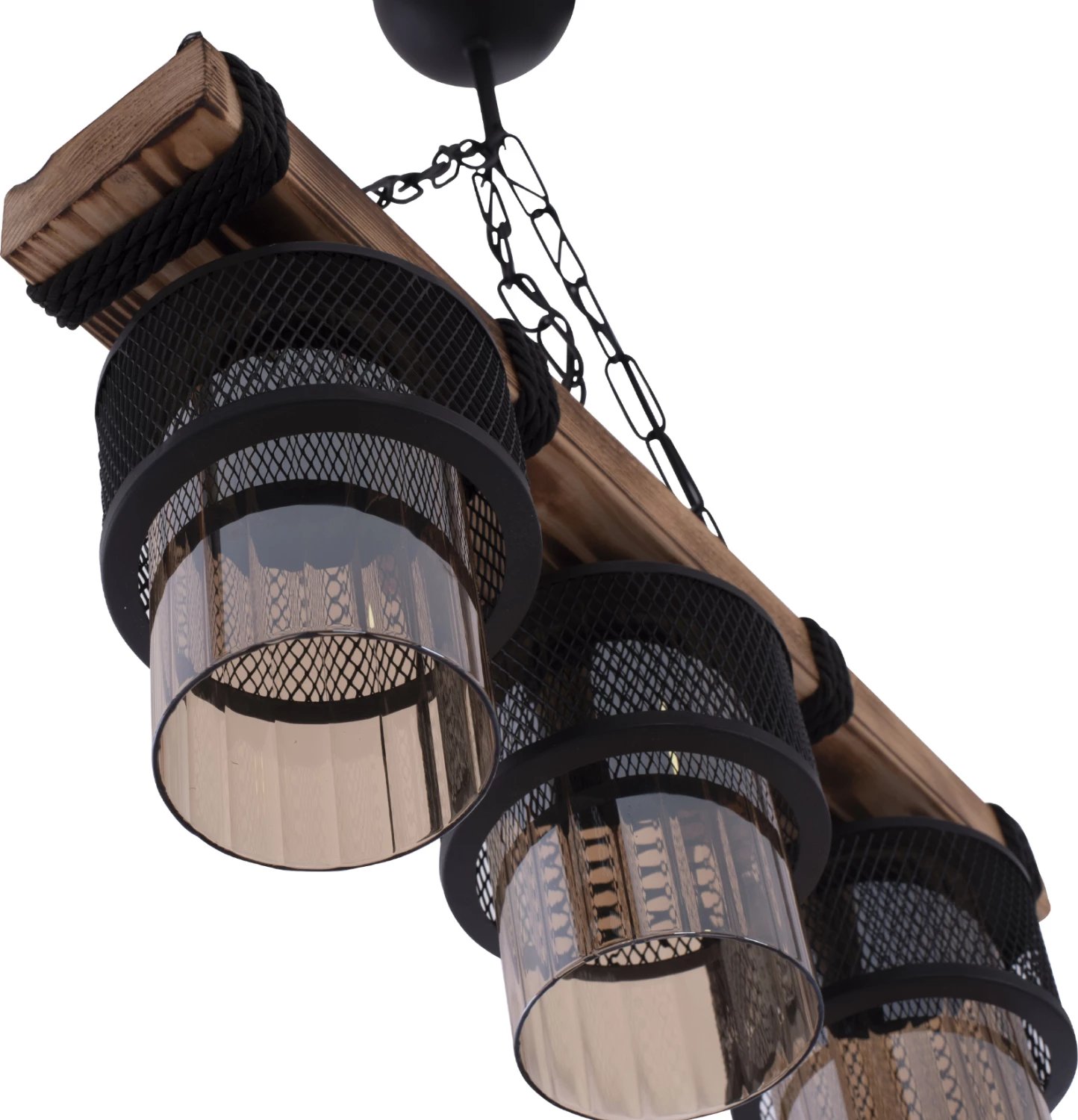 Llambë tavanore me tre drita, zinxhir, dru dhe kapakë metali, 50x12x60H cm, FH7699.01 Llambë tavanore me tre drita, zinxhir, dru dhe kapakë metali, 50x12x60H cm, FH7699.01
