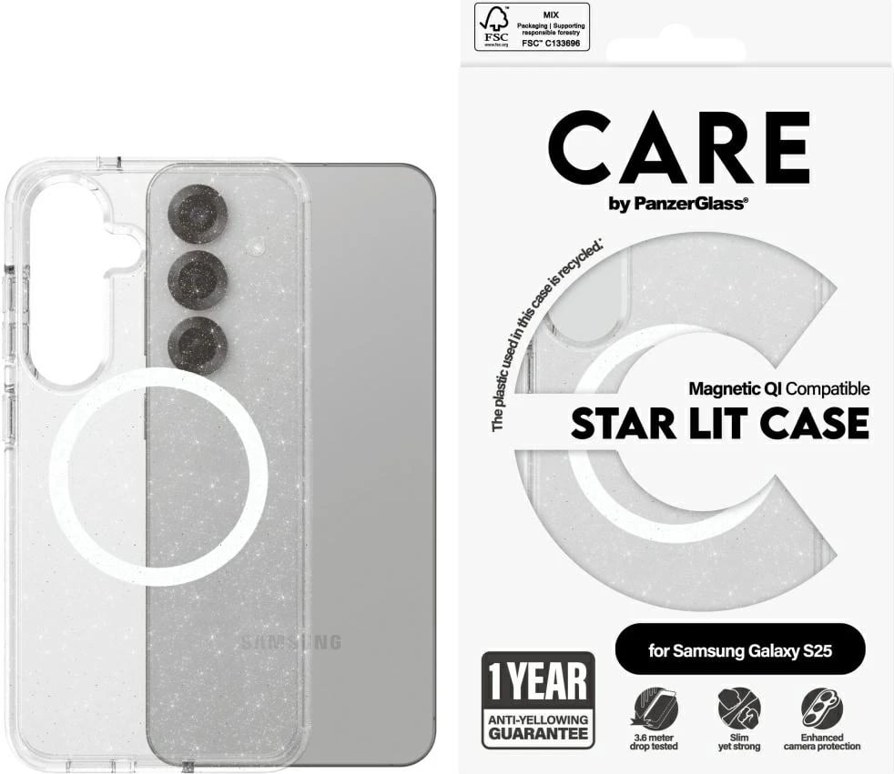Mbështjellës PanzerGlass CARE Flagship Urban Combat Starlight White QI për Samsung Galaxy S25, Transparent