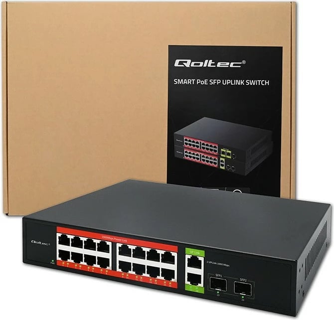 Switch PoE gigabit, Qoltec 52292, 16x RJ45 PoE 10/100, 2x RJ45 uplink 1000 Mbps, 2x SFP 1000 Mbps, unmanaged