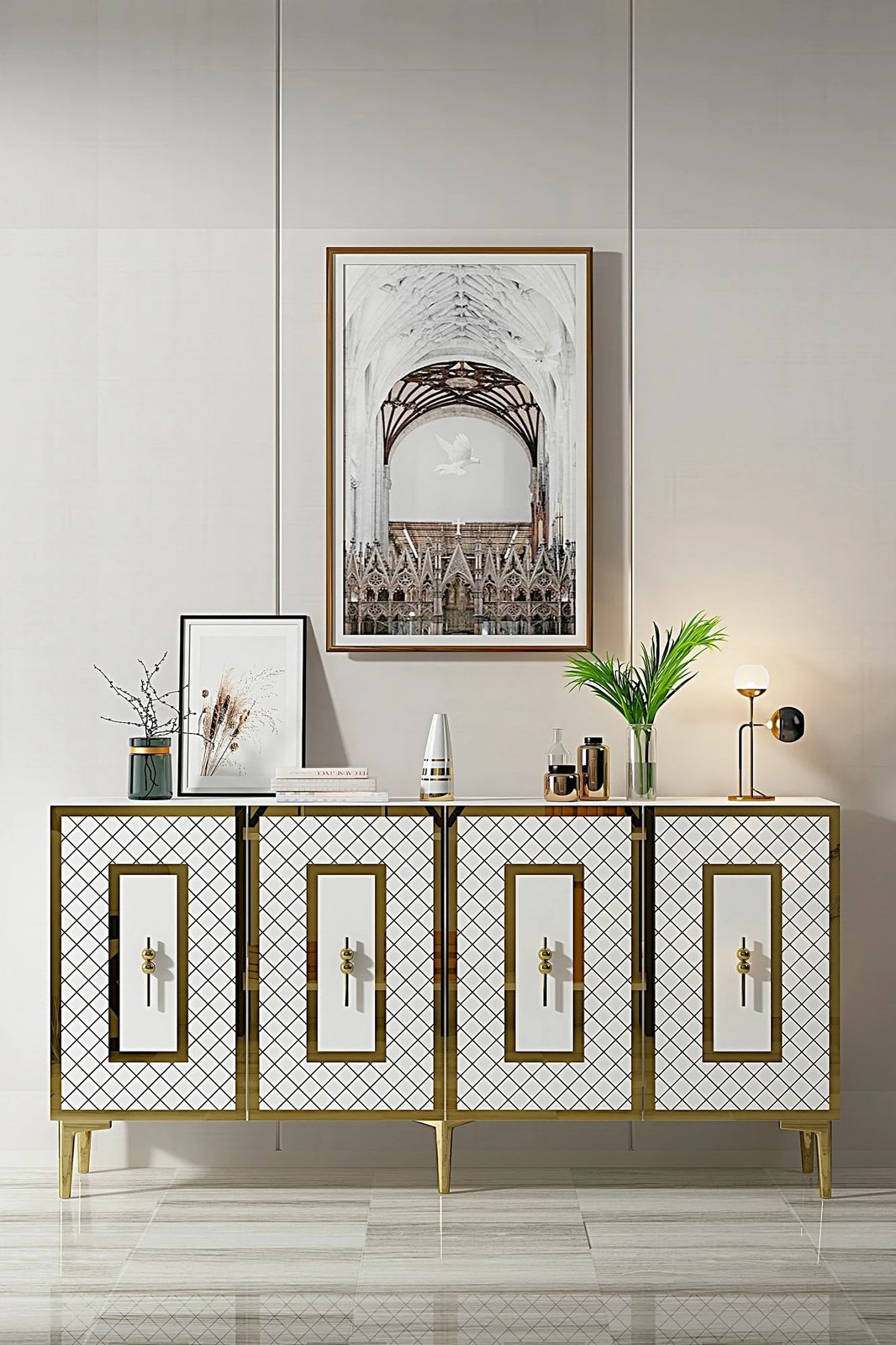 Konsolë Skye Decor, Puma 150, e bardhë dhe ari