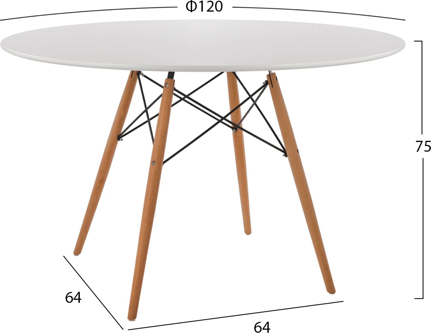 Tavolinë ngrënieje e rrumbullakët, sipërfaqe MDF e bardhë, këmbë druri ahu natyrale, FH8454.01, 120x75cm