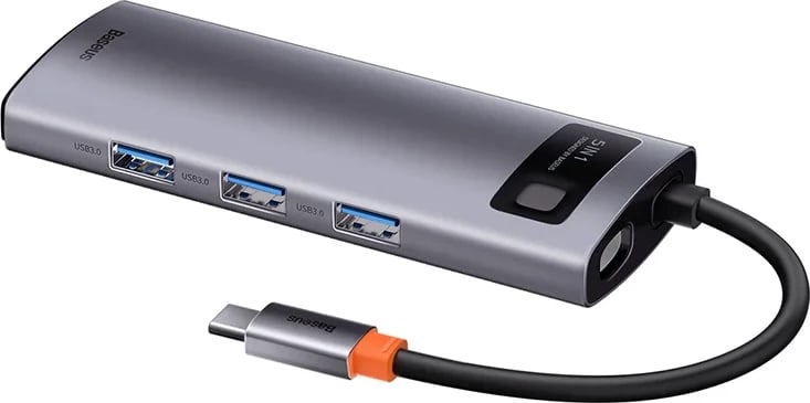 Adapter Baseus 5-në-1, WKWG020013, USB-C në 3x USB 3.0 + HDMI + USB-C PD, Gri