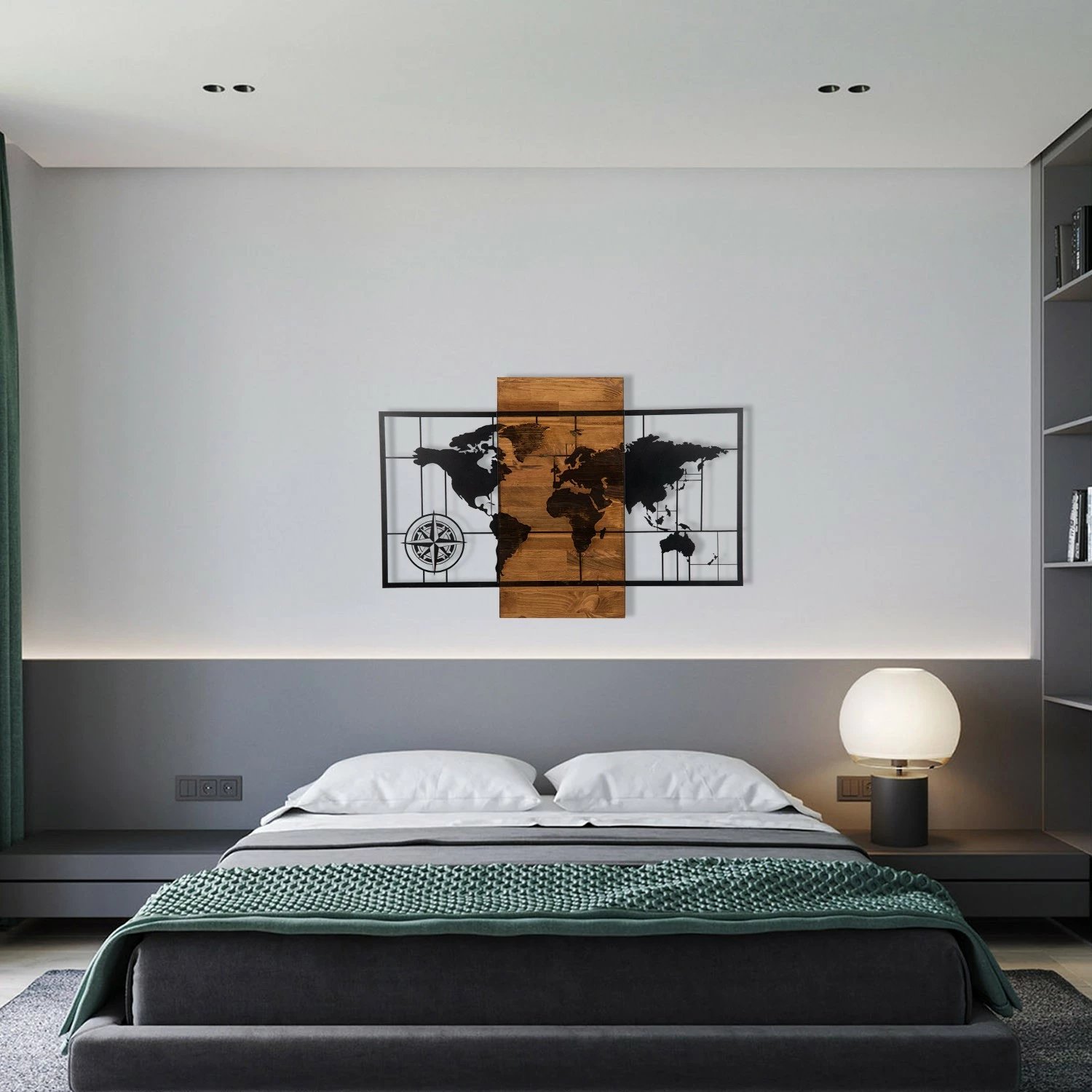 Aksesor dekorativ për mur, hartë bote me busull, ngjyrë e zezë dhe arre, 85x58cm