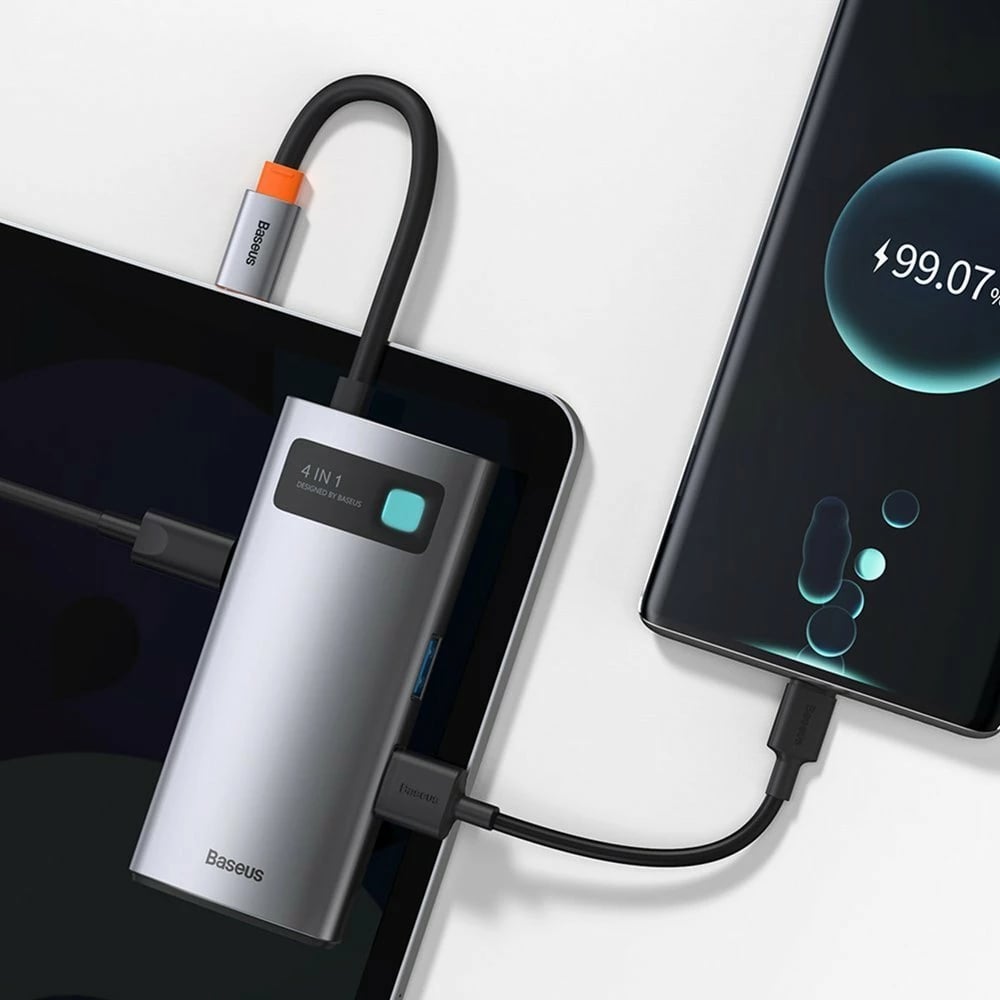 HUB multifunksional Baseus Metal Gleam 4-në-1, USB-C, HDMI 4K, Power Delivery 100W, Gri