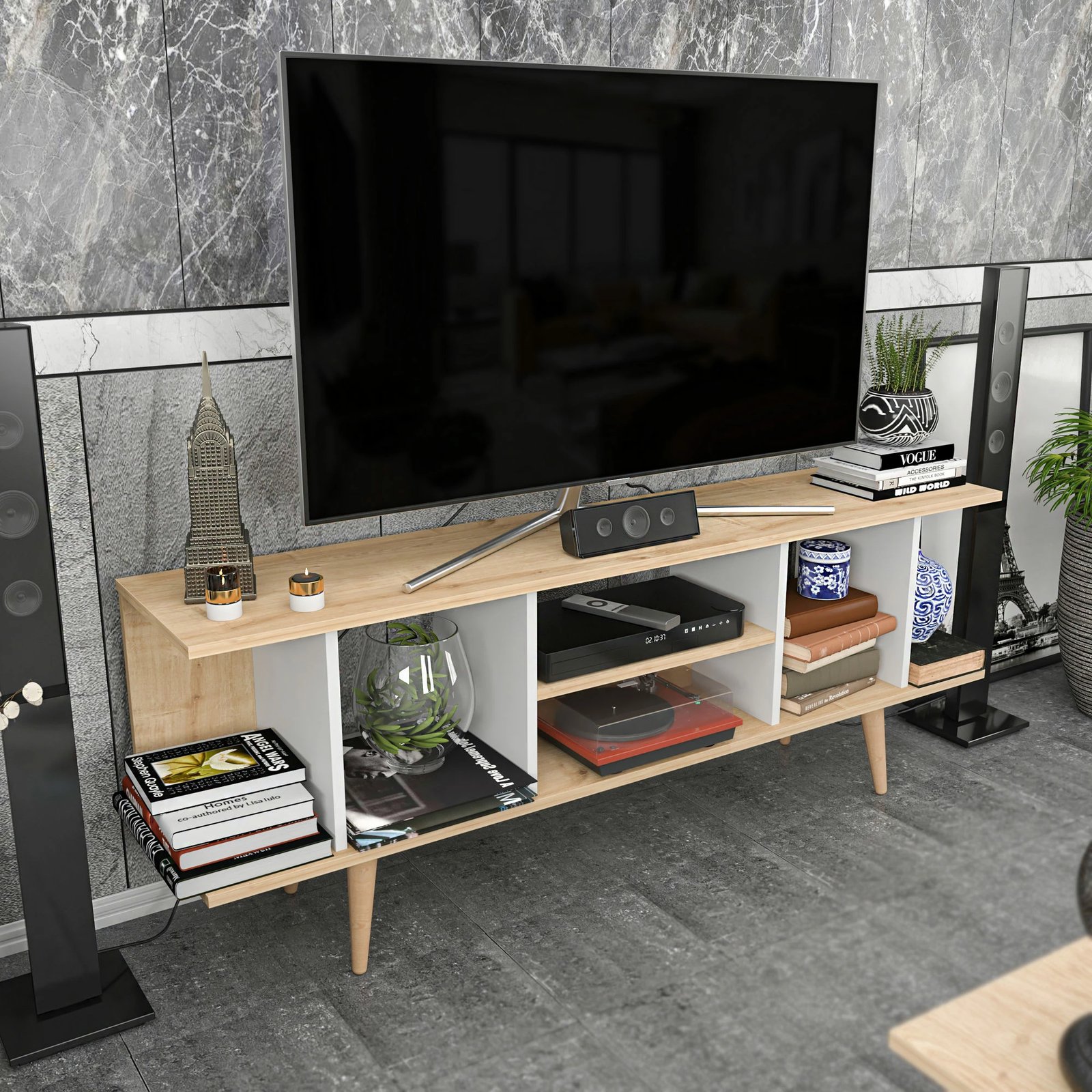 Komodinë TV Skye Decor, ngjyrë safir dhe e bardhë