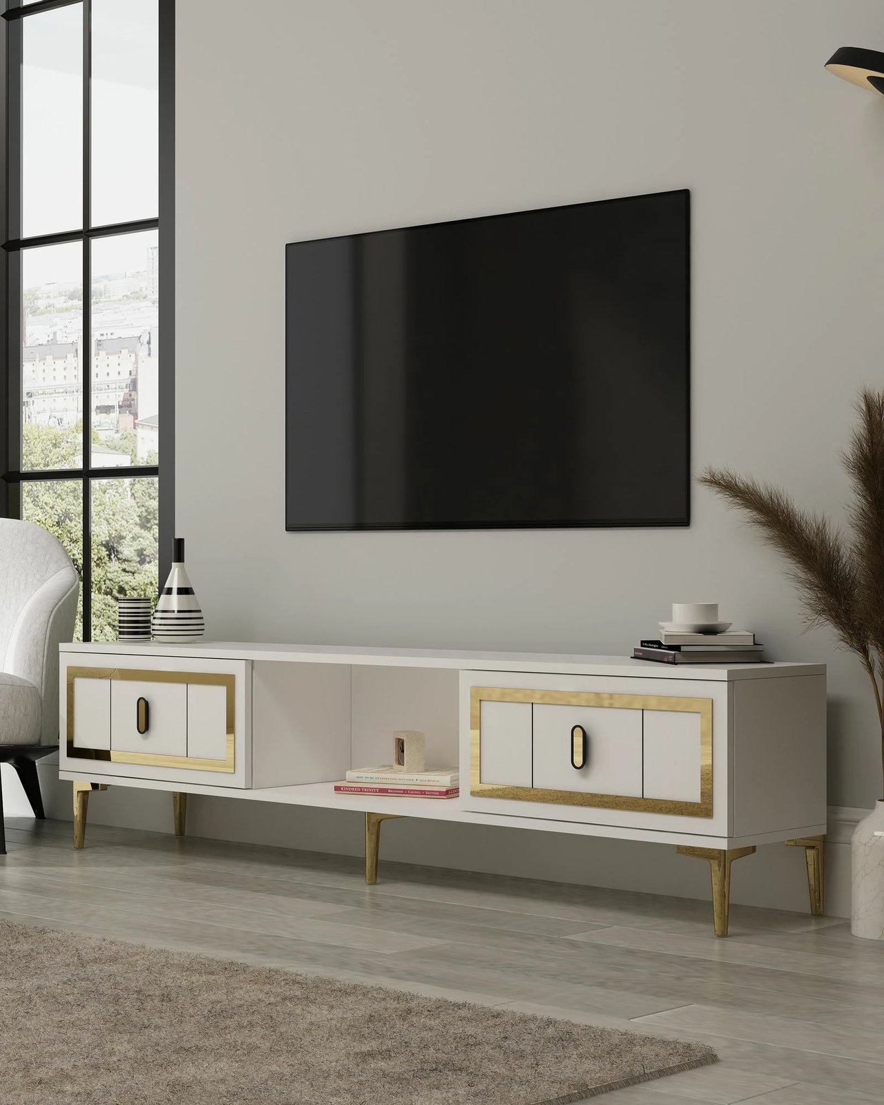 Komodë TV Skye Decor, e bardhë, ar