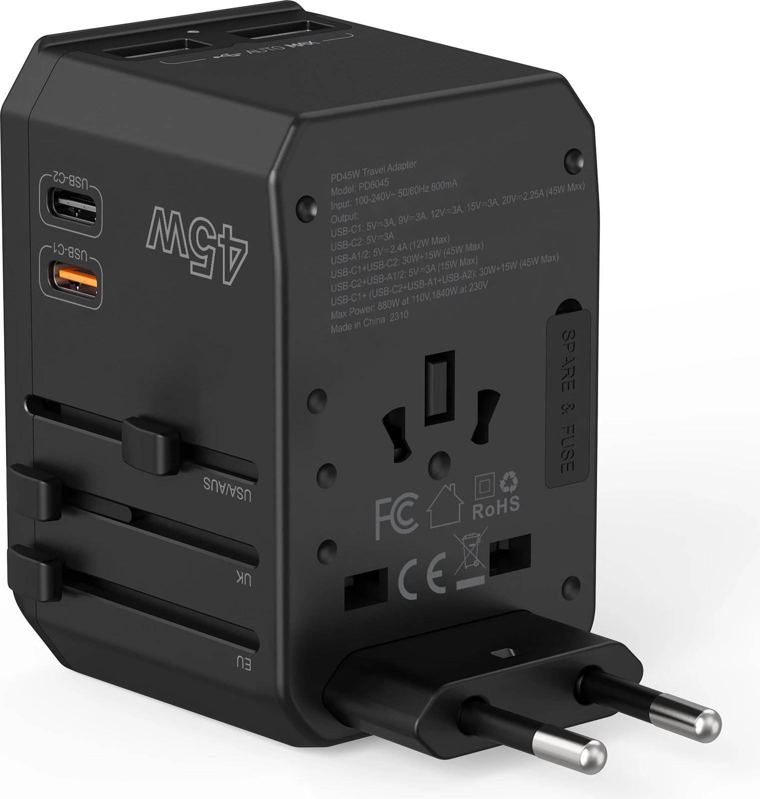 Karikues udhëtimi Choetech PD6045, 45W, 2x USB-C, 2x USB-A, GaN, 4 priza, zi