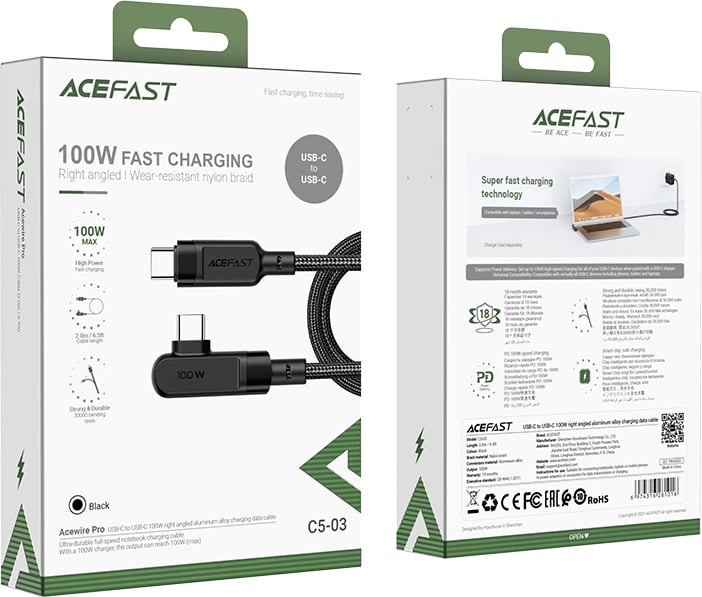 Kabllo Acefast C5-03 USB-C në USB-C, 2m, 100W, e zezë