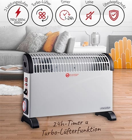 Ngrohës konvektor, Mesko, MS 7741, 2000W, termostat, timer 24h, ventilator Turbo, i bardhë