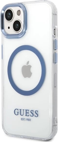 Mbështjellës Guess Metal Outline MagSafe për iPhone 14 Plus/15 Plus, Kaltër/Transparent