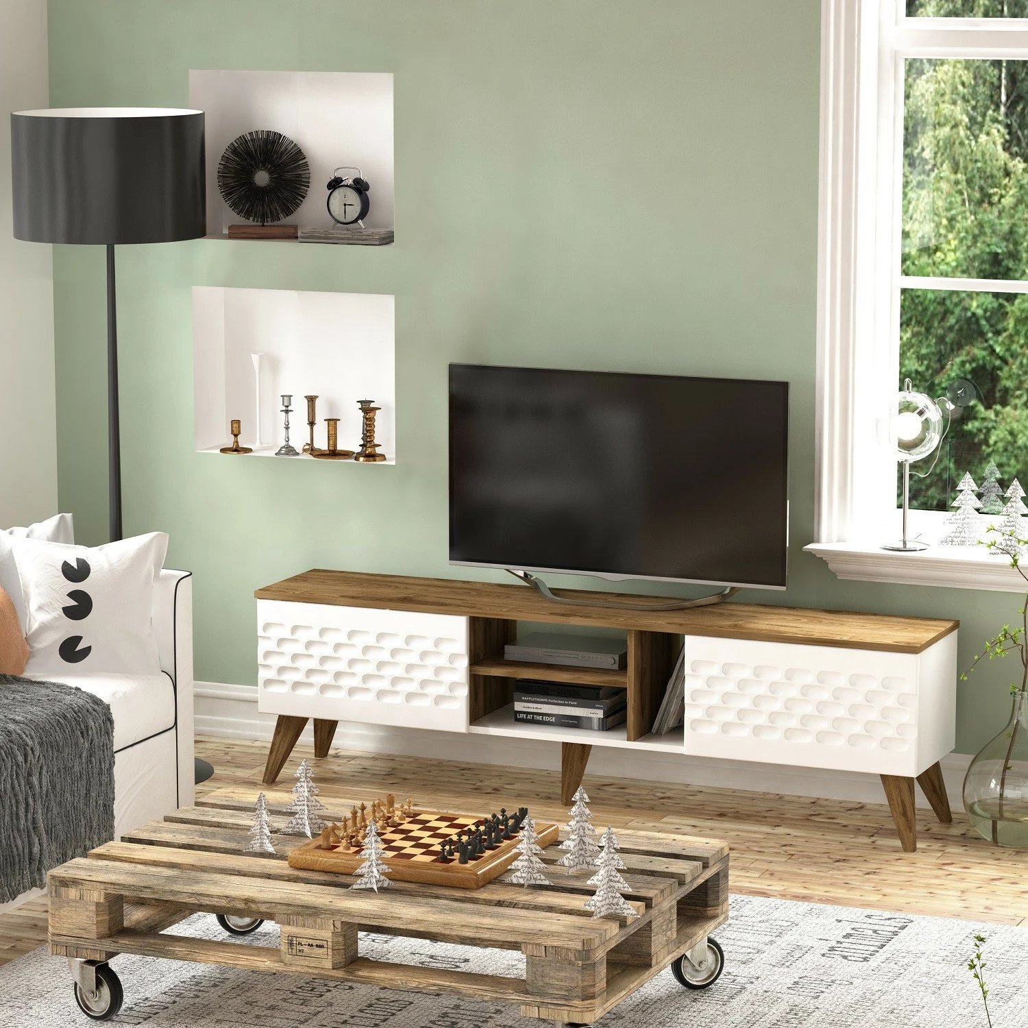 Komodë TV Hanah Home, ngjyrë vezë, e bardhë dhe arre