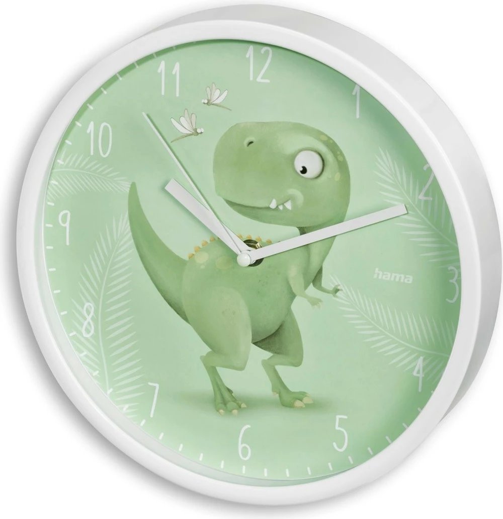 Orë muri për fëmijë Hama 185897, analog, 25 cm, dinosaur, e bardhë/jeshile