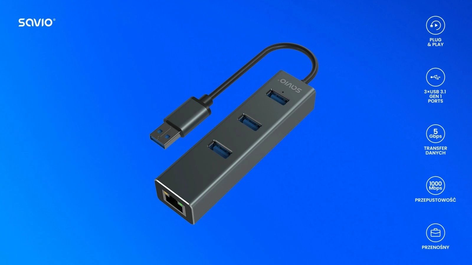 Adapter Savio AK-58, 3 porta USB-A 3.1 Gen 1 me RJ-45 Gigabit Ethernet, Gri
