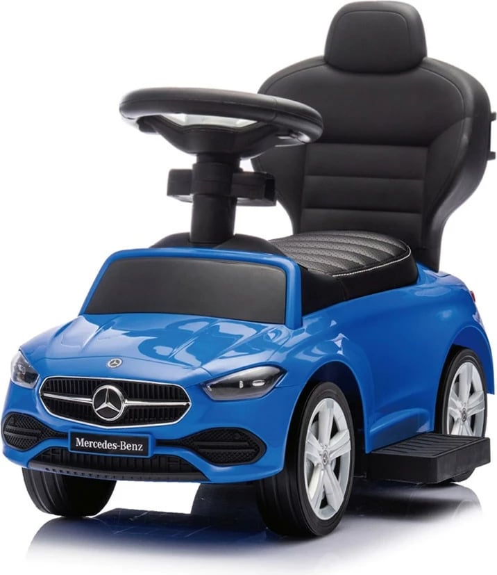 makinë ride-on me dorezë udhëzuese, Milly Mally Mercedes C-Class Deluxe, sedilje eko-lëkurë, goma gome, tinguj timoni, ngarkesë 25 kg, 12–36 muaj, blu