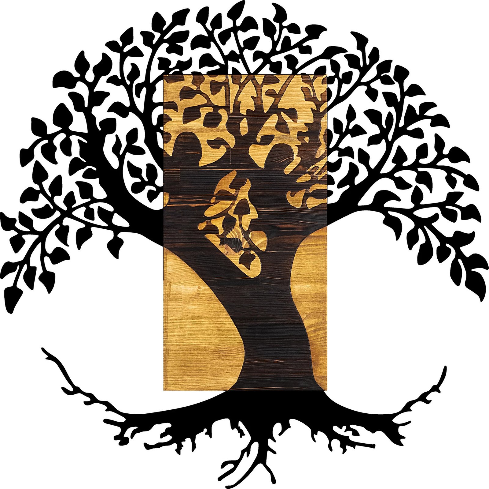 Aksesor dekorativ për mur, dru dhe metal, Monument Tree, ngjyrë arre dhe e zezë, 89x3x90cm