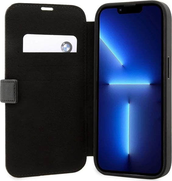 Mbështjellës BMW Leather Stamp Blue Lines për iPhone 14 Pro Max, 6.7", i zi, bookcase