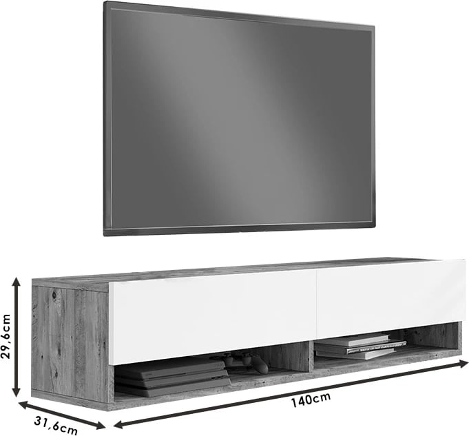 Njësi TV për mur Roscoe, ngjyrë e bardhë-sonoma, 140x31.6x29.6cm