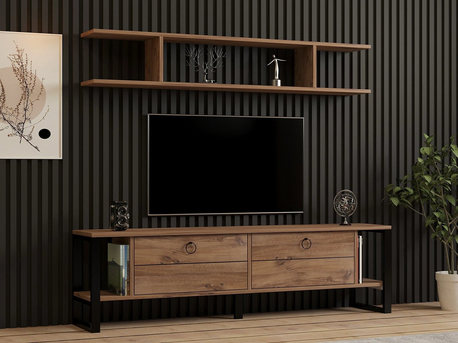 Komodë TV Skye Decor, ngjyrë Atlantic Pine, me rafte muri