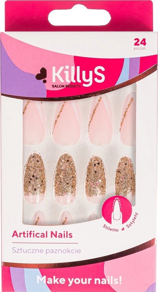 Thonj artificial KillyS Stiletto Golden Glitter French për femra 24 copë