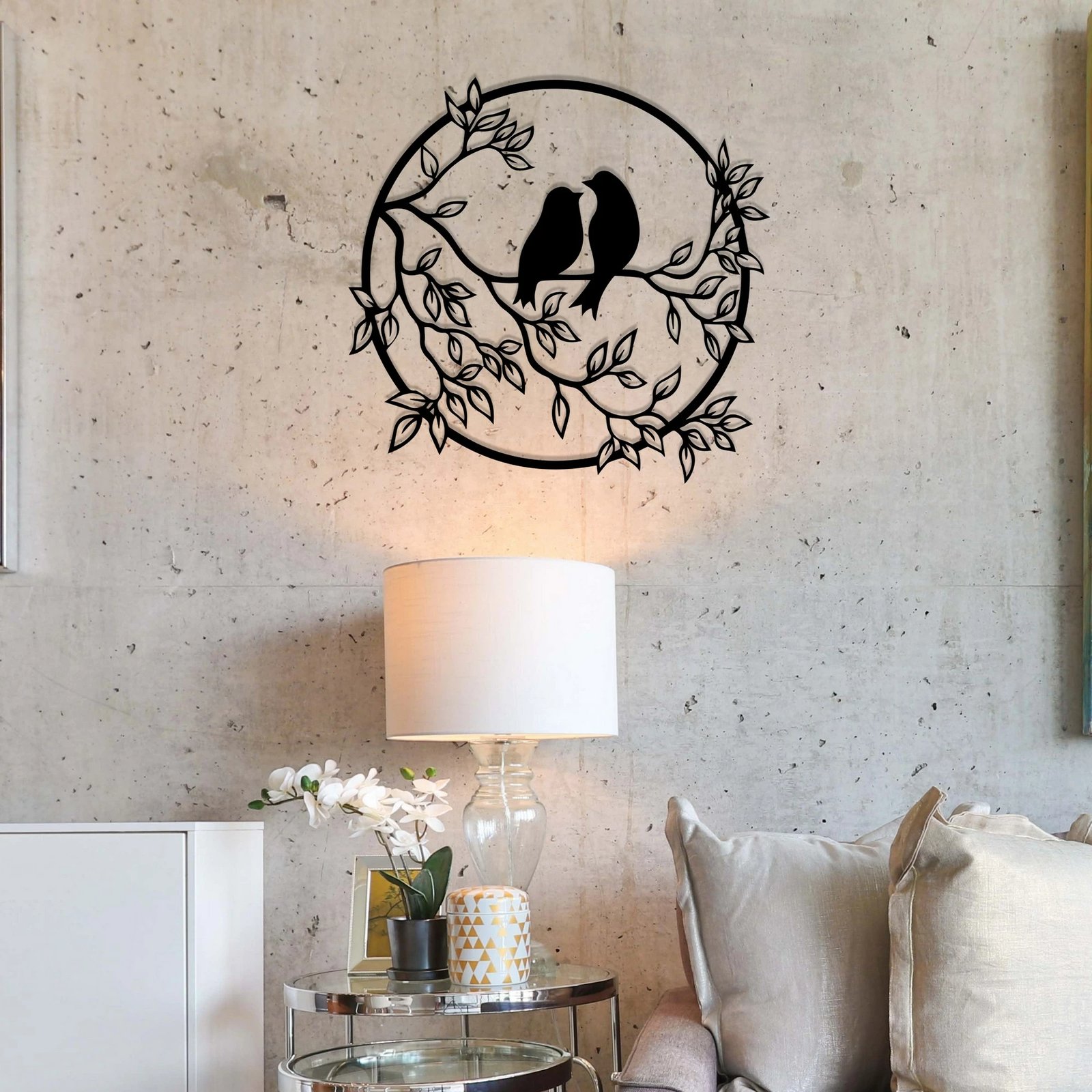 Aksesor dekorativ metalik për mur, zogj në pemë, Wallity