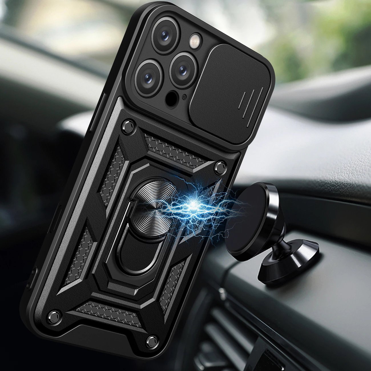 Mbështjellës Hurtel Hybrid Armor Camshield për iPhone 16 Pro Max, me mbulesë kamere dhe qëndrim, zi