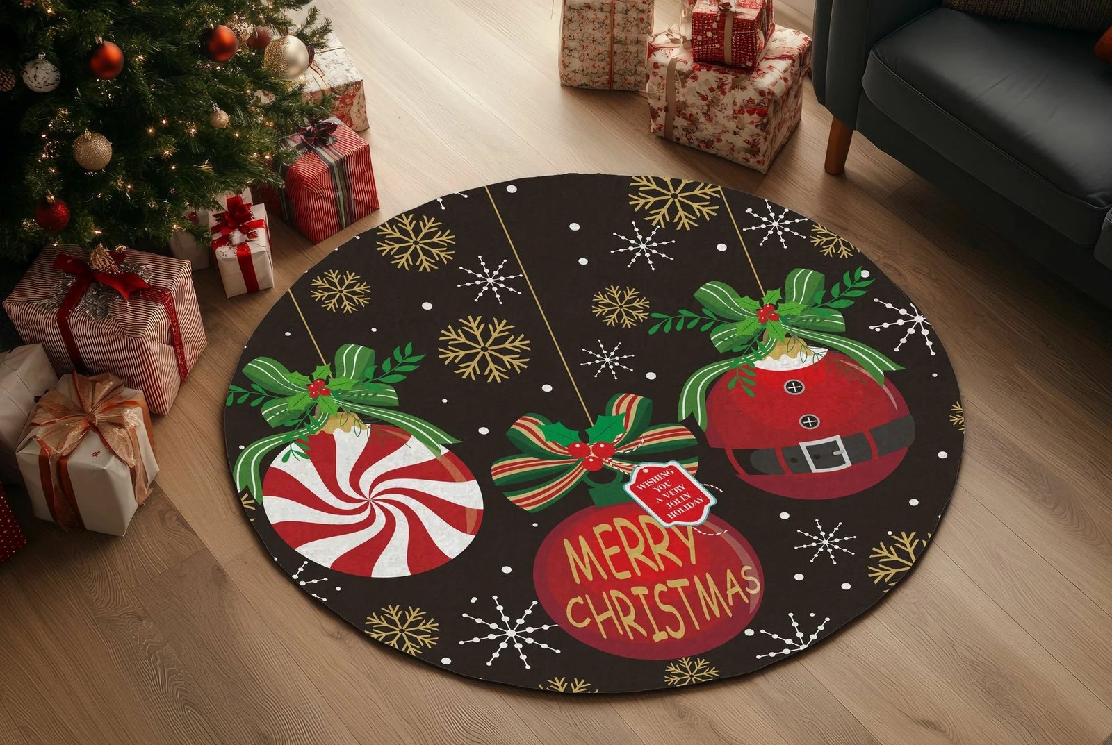 Qilim i rrumbullakët, tematikë Krishtlindjesh, shumëngjyrësh, 80x80cm, Crp-Yrlk26-14