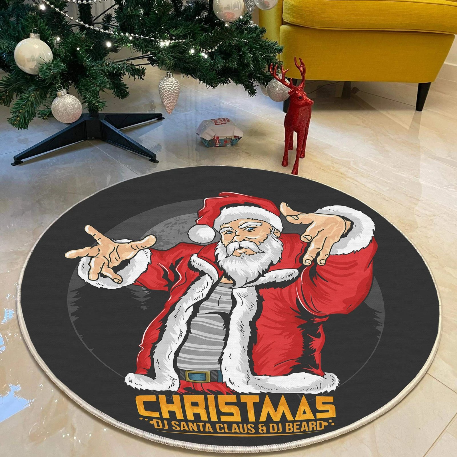 Qilim i rrumbullakët, dizajn me Santa Claus DJ, shumëngjyrësh, 90cm