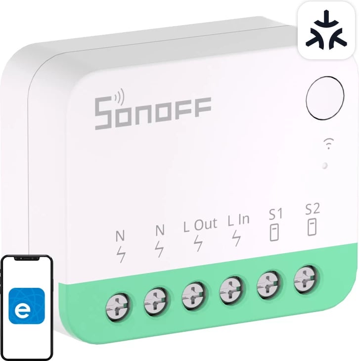 Switch i mençur Wi‑Fi mini, Sonoff, MINIR4M, Matter, 10A, 2.4GHz, për Apple HomeKit/Google Home/Alexa/SmartThings