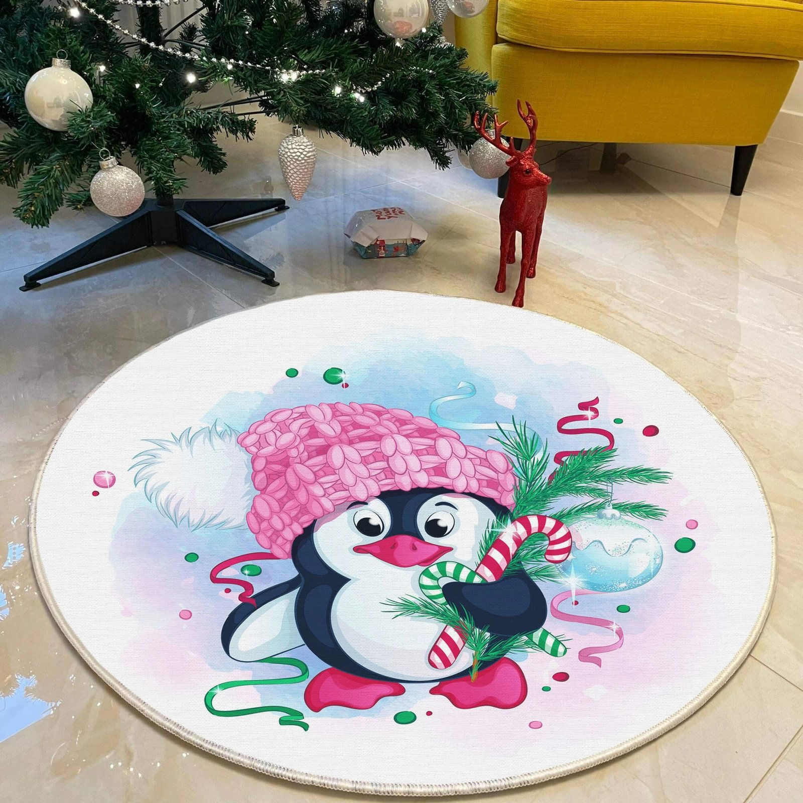 Qilim i rrumbullakët, shumëngjyrësh, dizajn me pinguin, 80cm, Woopamuk459
