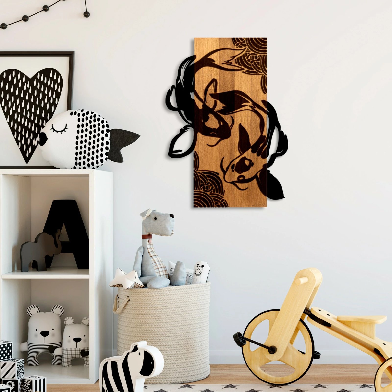 Aksesor dekorativ për mur, dru dhe metal, Wallity, Fish Yang, ngjyrë arre dhe e zezë