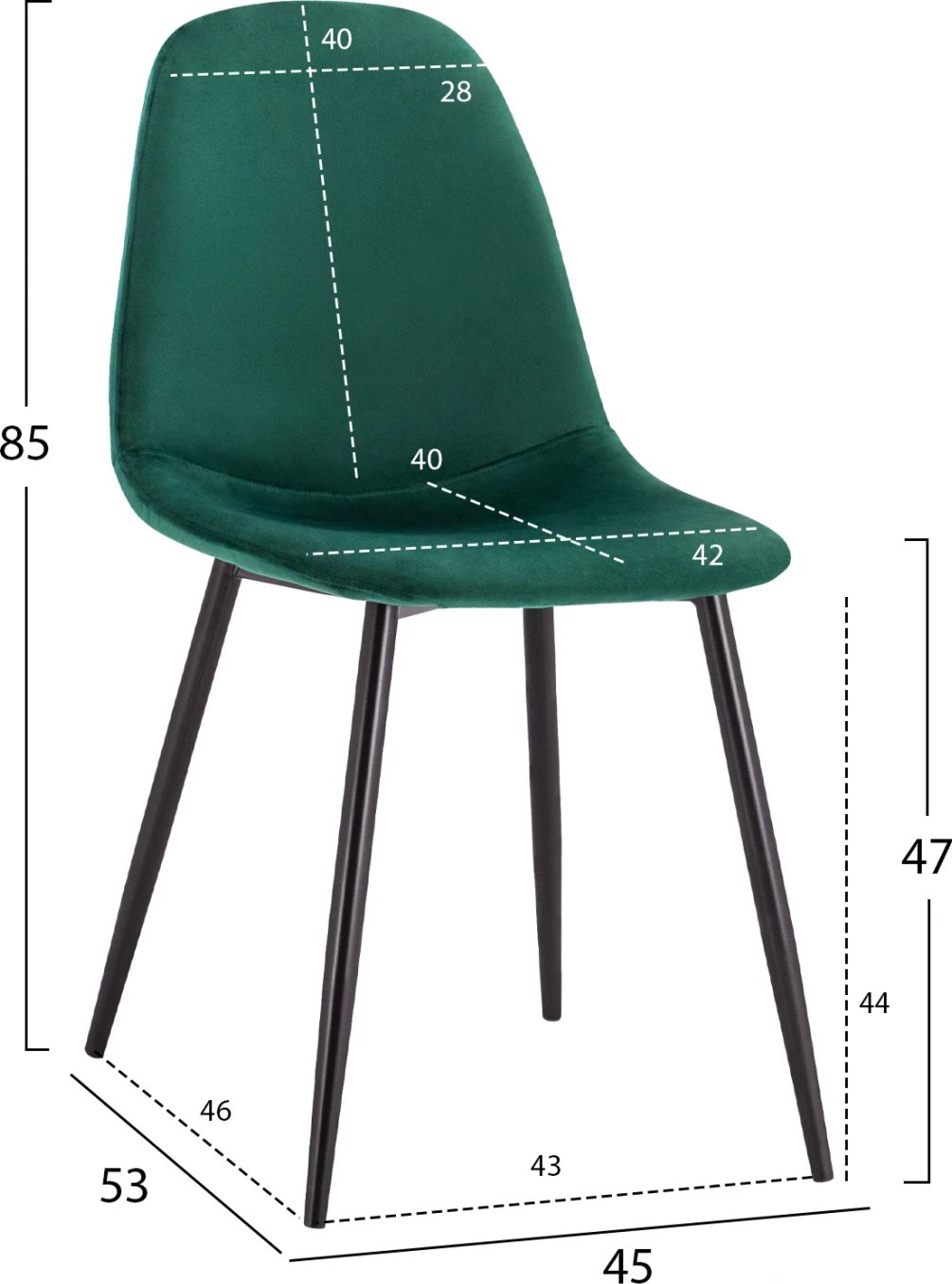 Karrige ngrënieje Leonardo, ngjyrë velvet cypress, këmbë metalike, FH00100.23, 45x53x85 cm, set prej 4 copë