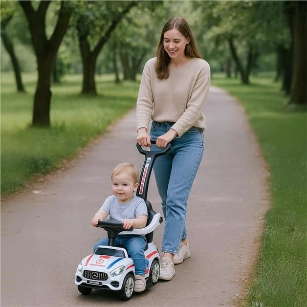 makinë shtytëse (ride-on), Baby Mix, AMBULANCE, me panel zëri dhe shufër drejtimi, rrota të përparme rrotulluese, 12m+, ngarkesë 25 kg, e bardhë