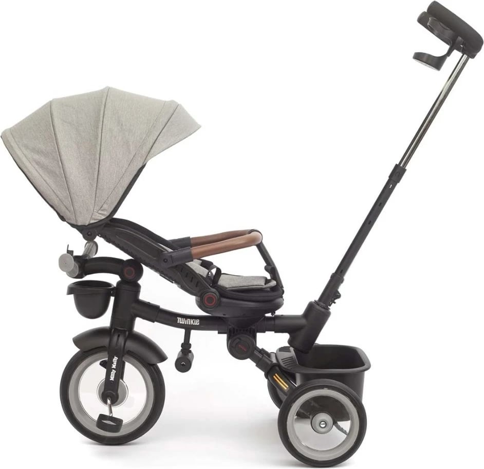 tricikletë për fëmijë, Milly Mally Twinkle, sedilje rrotulluese 180°, timon prindëror i rregullueshëm, dritë LED, kornizë çeliku, gri