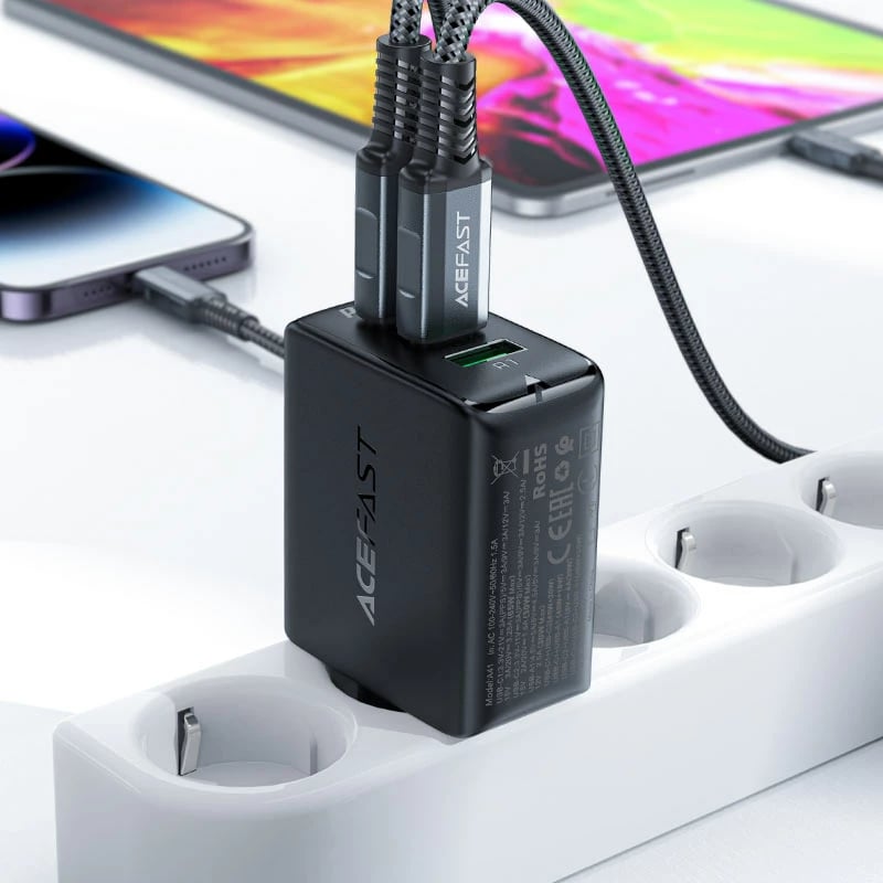 Karikues i shpejtë murit Acefast A41, 65W, 2x USB-C / USB-A, i bardhë