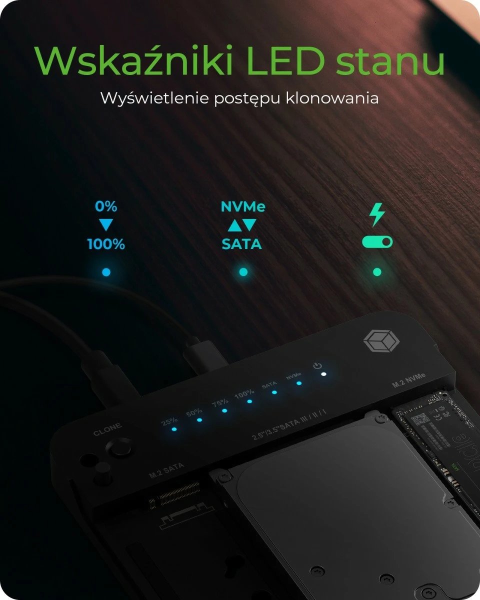 Stacion docking dhe klonimi IcyBox IB-2915MSCL-C31 për SSD/HDD M.2 NVMe, SATA 2.5''/3.5'', i zi